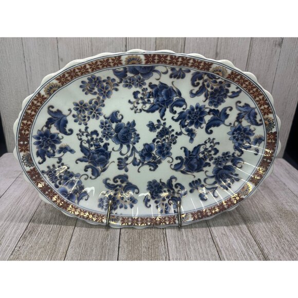 Vtg Chinese Decor Plate Oval Porcelain Blue Floral Design Gold Accents 10" x 7" - Picture 2 of 7